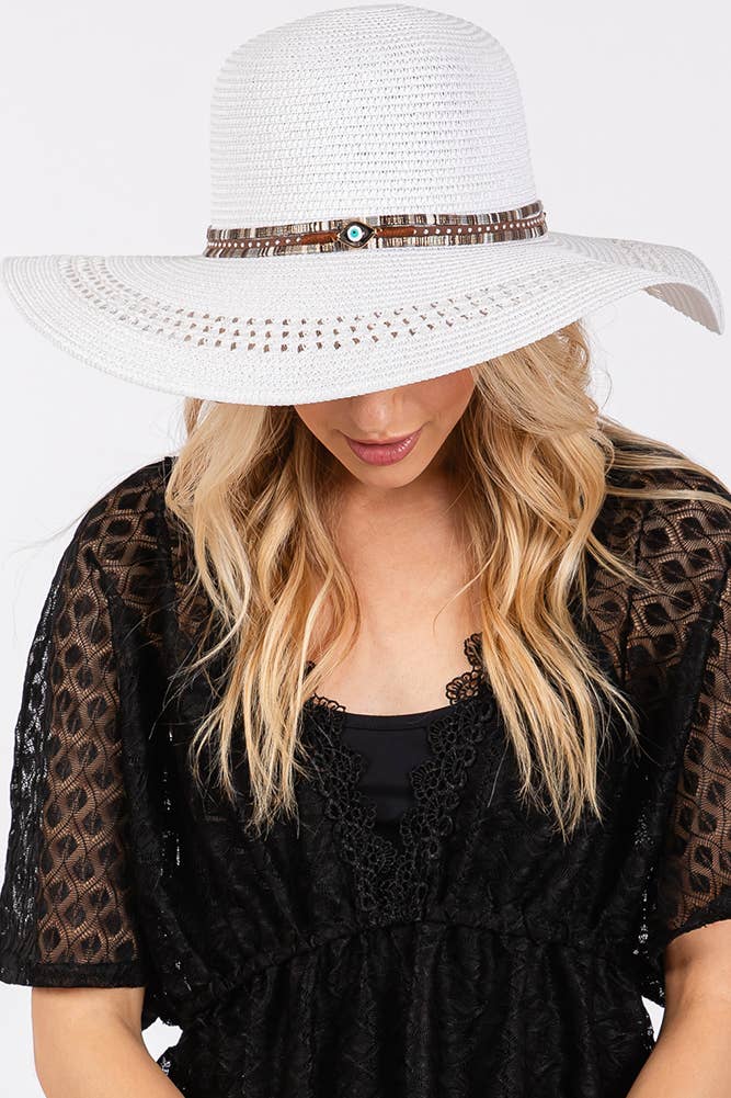 Evil Eye and Multi Design Band Wide Brim Straw Hat boho clothing, festival outfit, hippie style apparel | Elevated Hippie