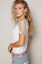 Boho Lace V-Neck Tee – Relaxed Fit Half Sleeve Top – Feminine Lace Detail – Easy Everyday Style – Multiple Sizes - The Elevated Hippie