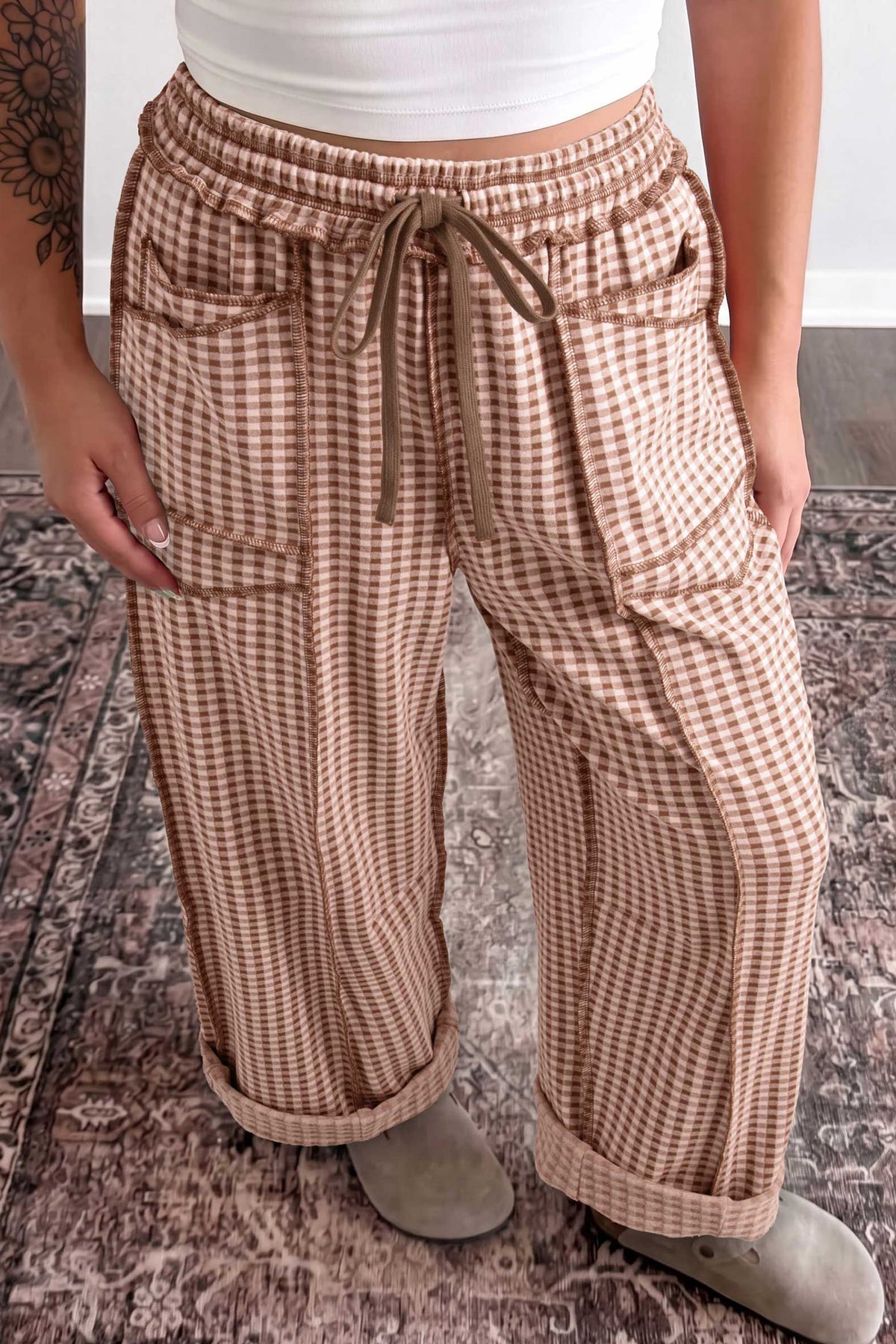 Brown Plaid Drawstring Elastic Waist Pants