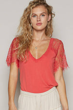 Boho Lace V-Neck Tee – Relaxed Fit Half Sleeve Top – Feminine Lace Detail – Easy Everyday Style – Multiple Sizes - The Elevated Hippie