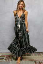 Deep V-Neck Tassel Ruffle Embroidered Trim Maxi Dress boho clothing, festival outfit, hippie style apparel | Elevated Hippie