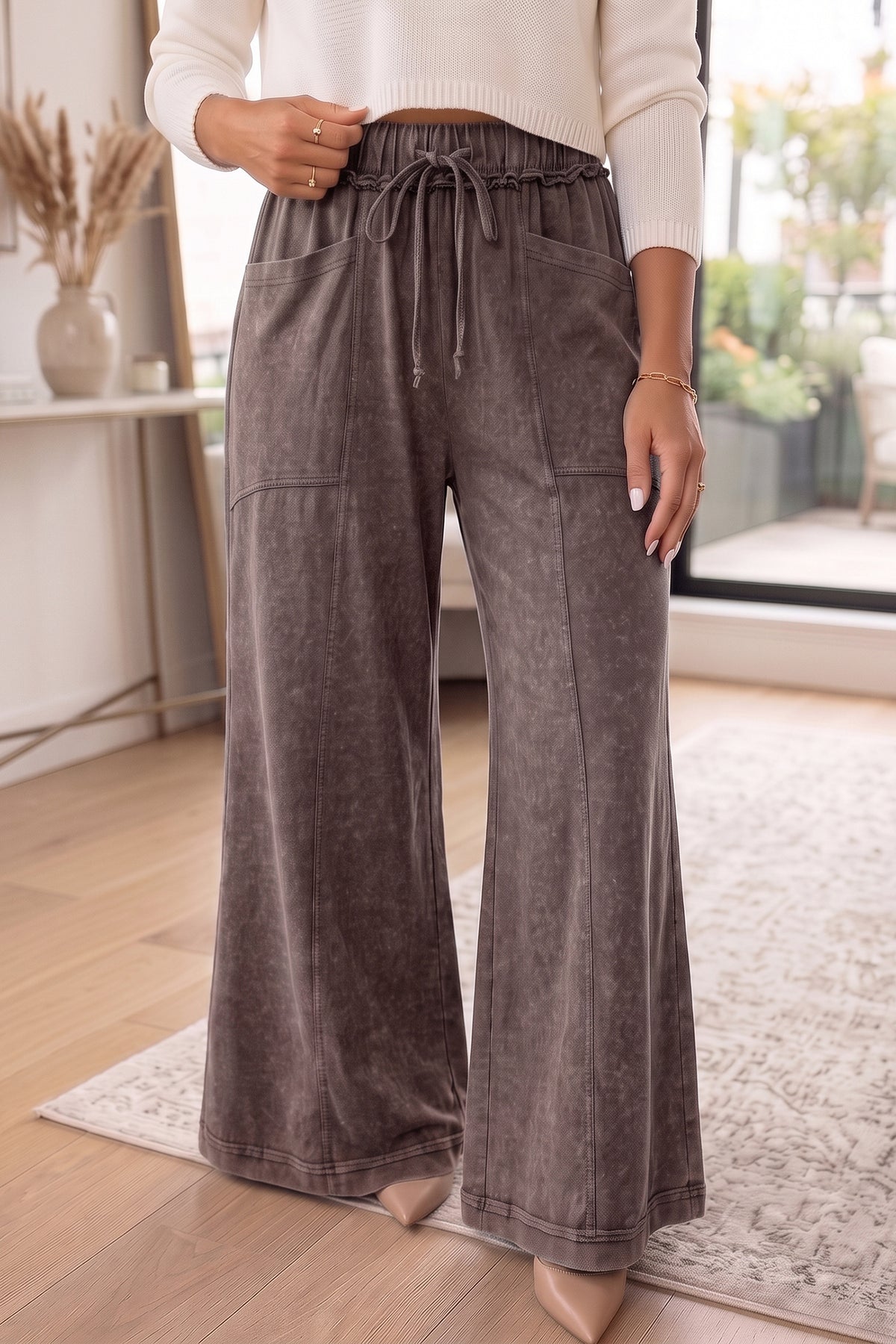 Coffee Mineral Wash Flare Leg Drawstring Pants