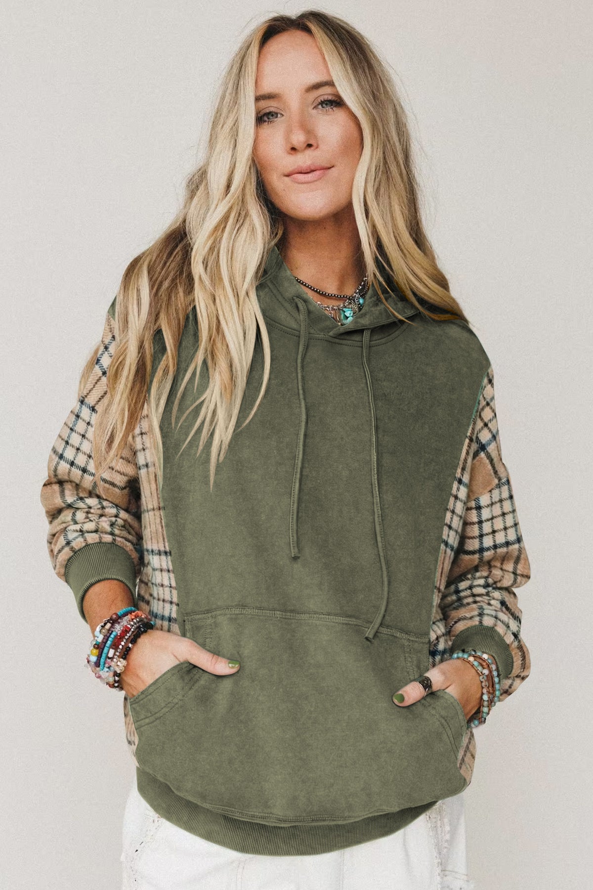 Plaid Sleeve Drawstring Hooded Sweatshirt - Moss Green