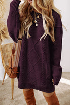 Burgundy Cable Knit Drop Shoulder Sweater Dress