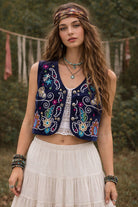 Boho Retro Flower Embroidered Women Velvet Vest boho clothing, festival outfit, hippie style apparel | Elevated Hippie