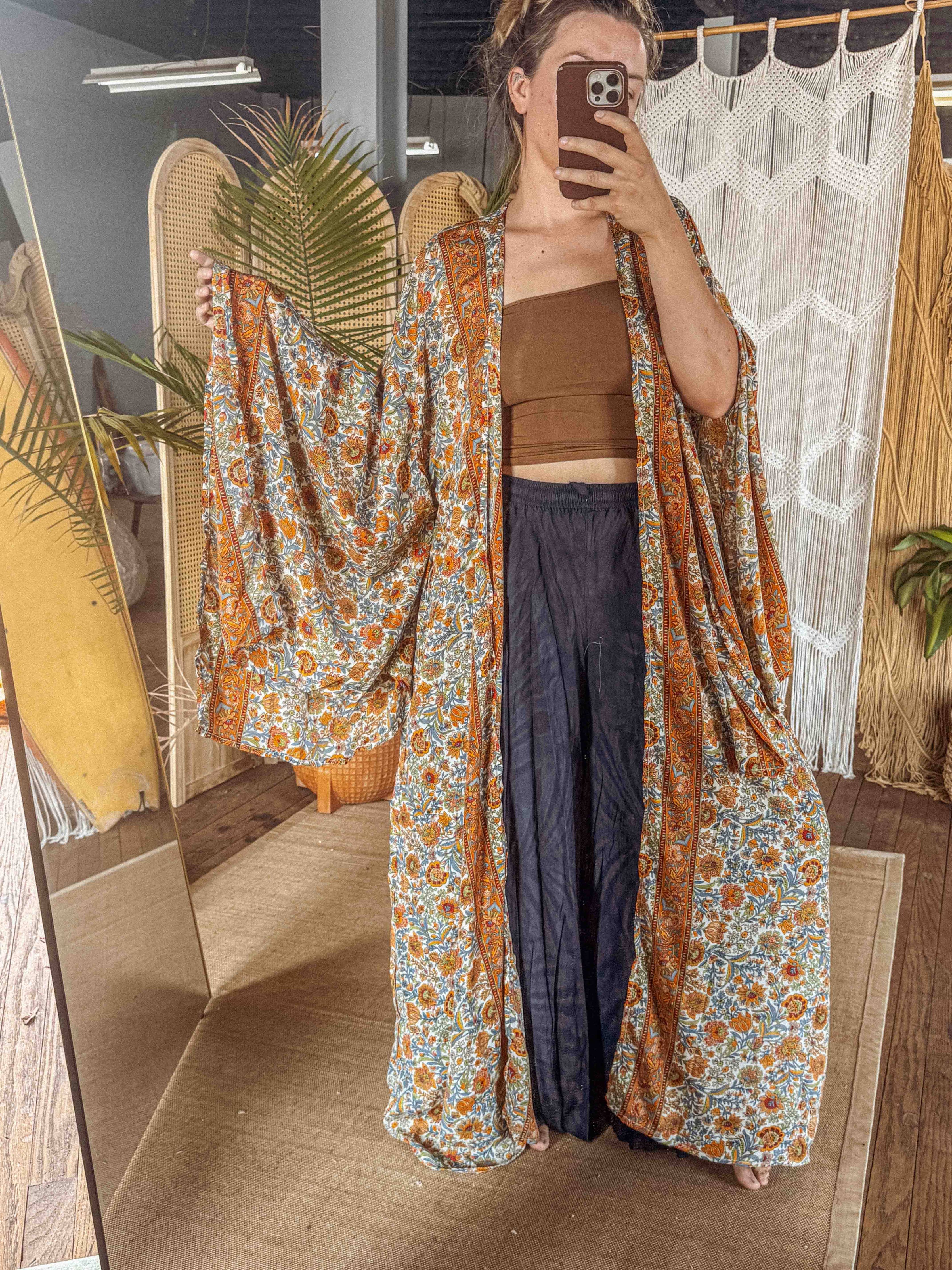 Gardenbelle Shop - BOHO Silk Bell Sleeve Long Maxi Kimono Duster Cardigan boho clothing, festival outfit, hippie style apparel | Elevated Hippie