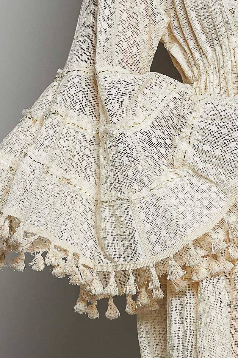 Split Embroidery Tassel Detail V-Neck Flared Short Dress boho clothing, festival outfit, hippie style apparel | Elevated Hippie