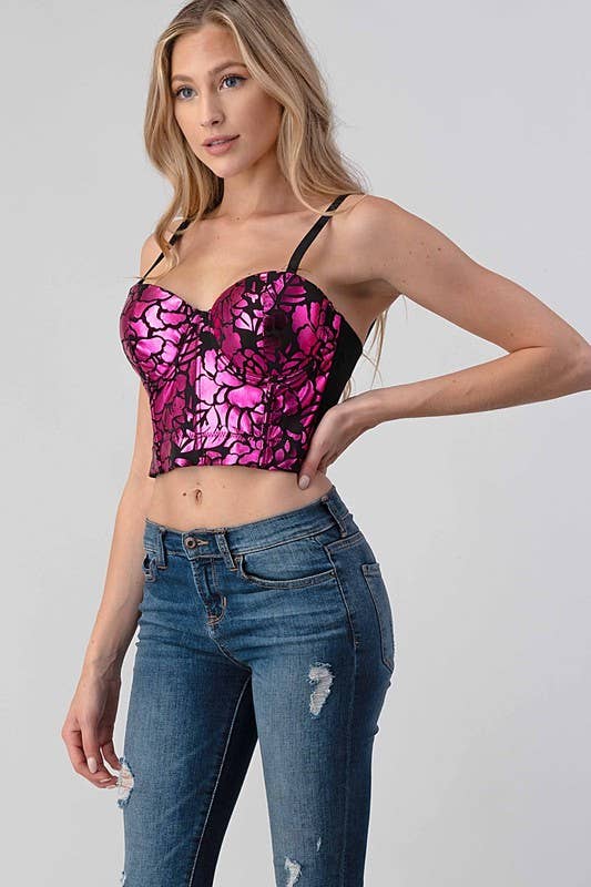 Metallic Shine Floral Printed Crop Top boho clothing, festival outfit, hippie style apparel | Elevated Hippie
