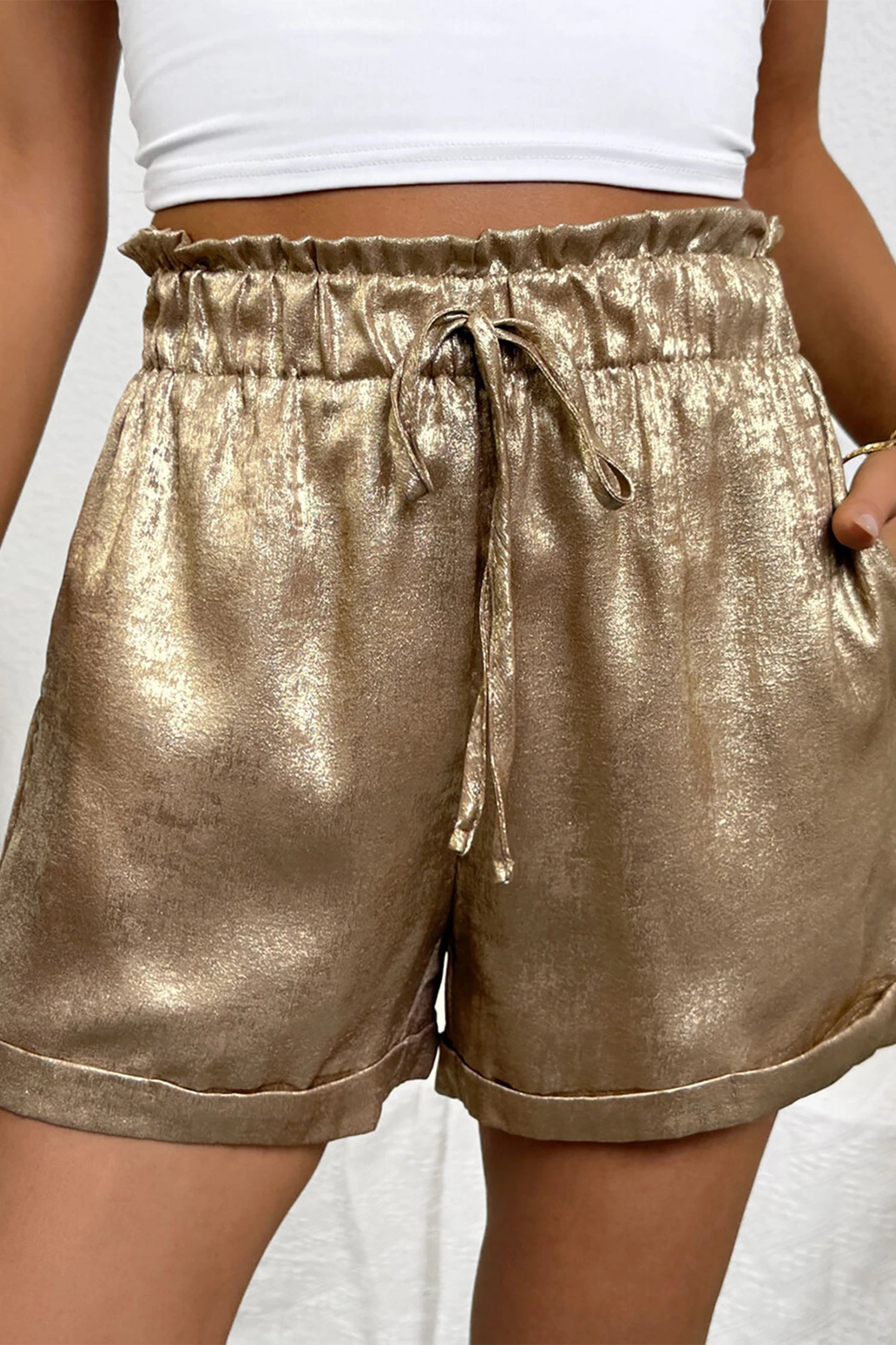 Metallic Flippy Drawstring Shorts boho clothing, festival outfit, hippie style apparel | Elevated Hippie