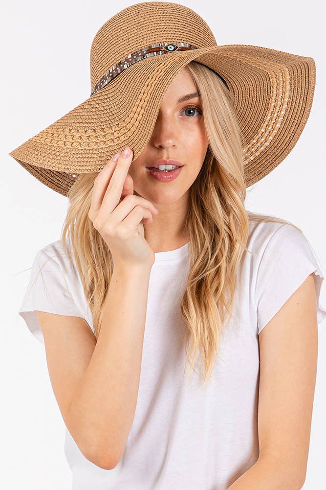 Evil Eye and Multi Design Band Wide Brim Straw Hat boho clothing, festival outfit, hippie style apparel | Elevated Hippie