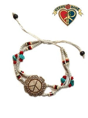 Hand Carved Bone Peace Flower Pendant On Adjustable Bracelet - The Elevated Hippie