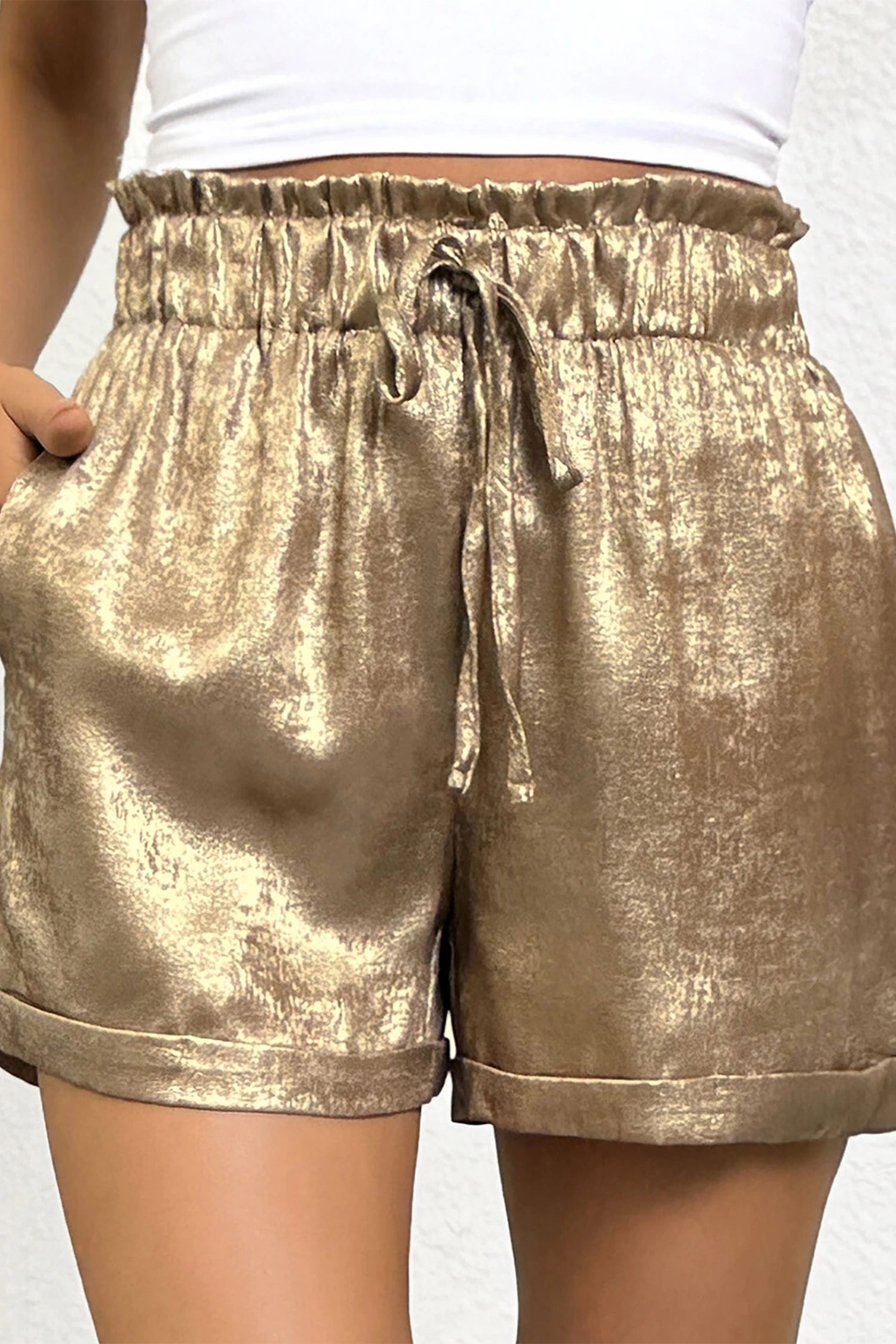 Metallic Flippy Drawstring Shorts boho clothing, festival outfit, hippie style apparel | Elevated Hippie