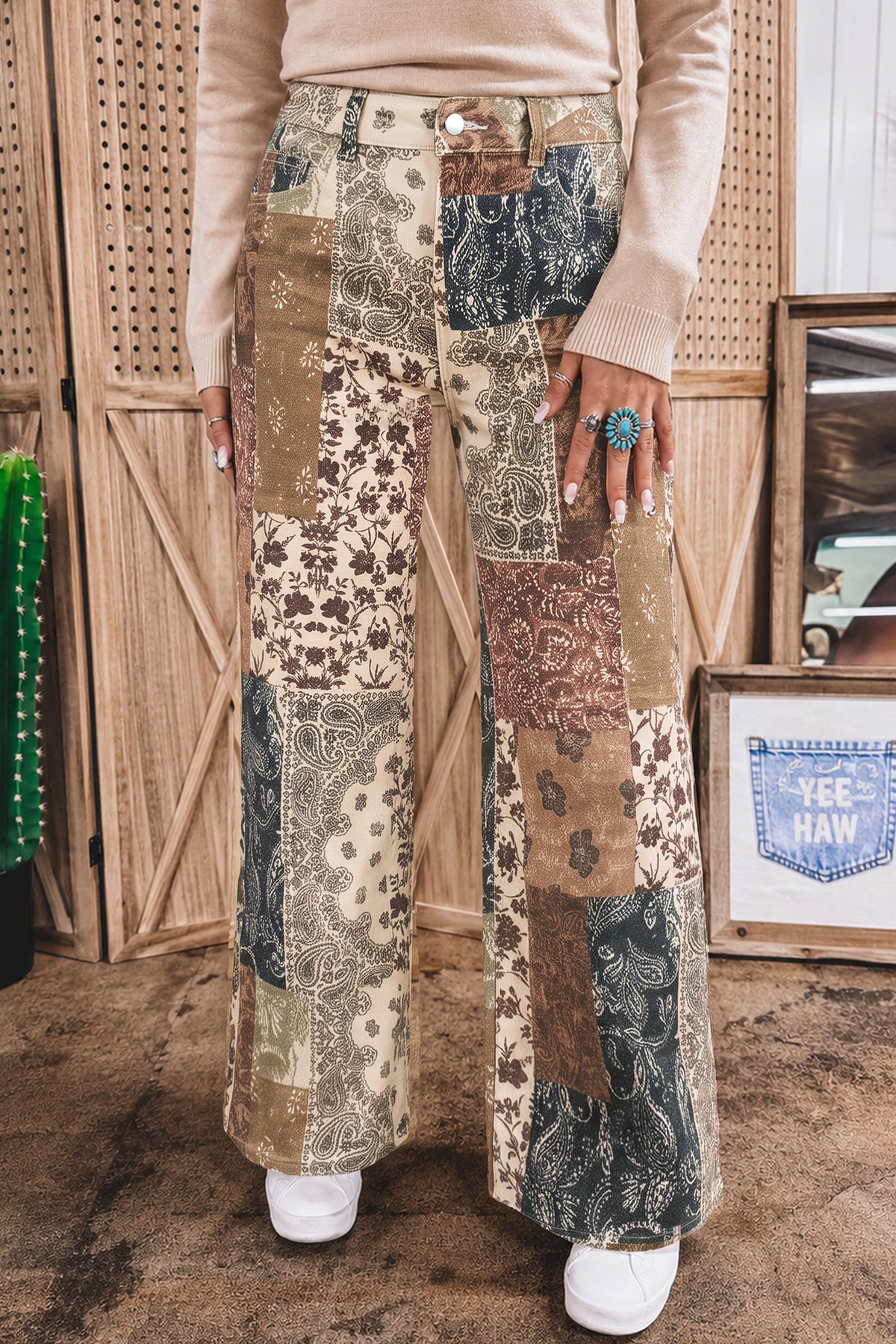 Khaki Patchwork Print Casual Jeans