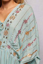 V-Neck Tassel Glint Embroidery Cotton Flowy Fit Maxi Dress boho clothing, festival outfit, hippie style apparel | Elevated Hippie