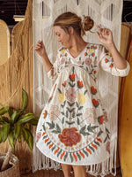 Boho Embroidered Floral Cotton Dress, Fall Lined Short Dress - The Elevated Hippie