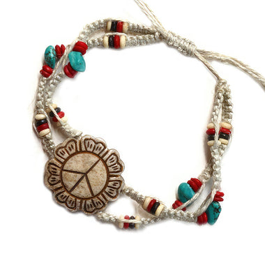 Hand Carved Bone Peace Flower Pendant On Adjustable Bracelet - The Elevated Hippie