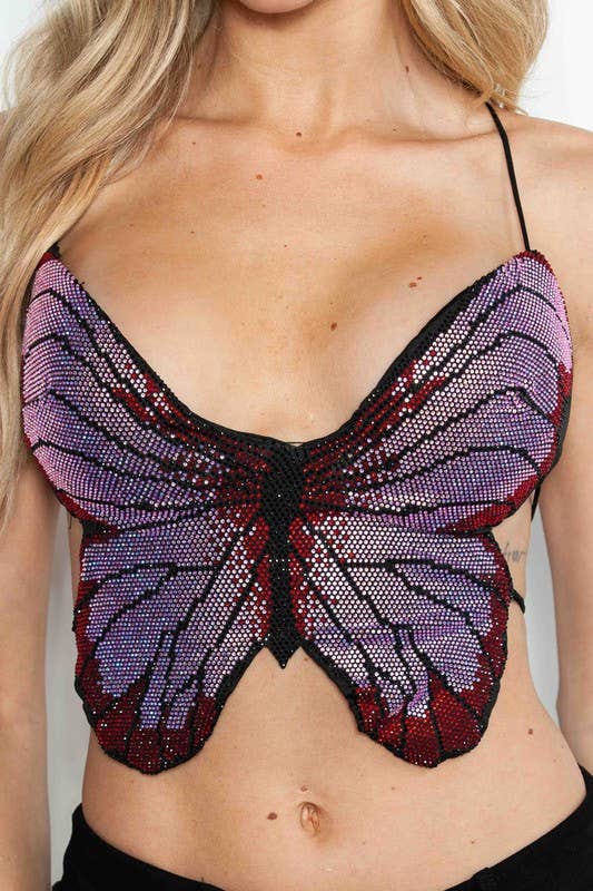FLORAL BEADED BUTTERFLY RHINESTONE LACE UP BACK BRALETTE TOP boho clothing, festival outfit, hippie style apparel | Elevated Hippie