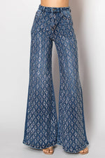 D25-4-A - Embellished wide leg medium blue denim jeans - The Elevated Hippie