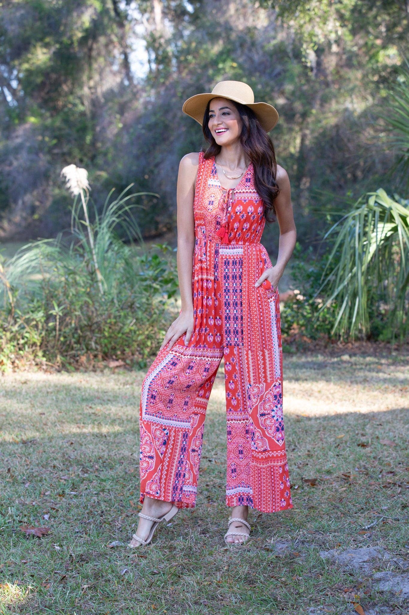 Red Wanderlust Blockprint Romper boho clothing, festival outfit, hippie style apparel | Elevated Hippie