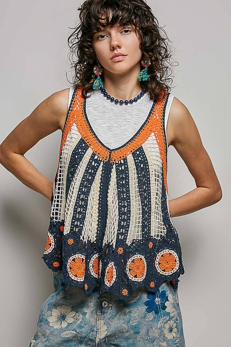 V-Neck Sleeveless Scalloped Edge Stripe Border Crochet Top boho clothing, festival outfit, hippie style apparel | Elevated Hippie