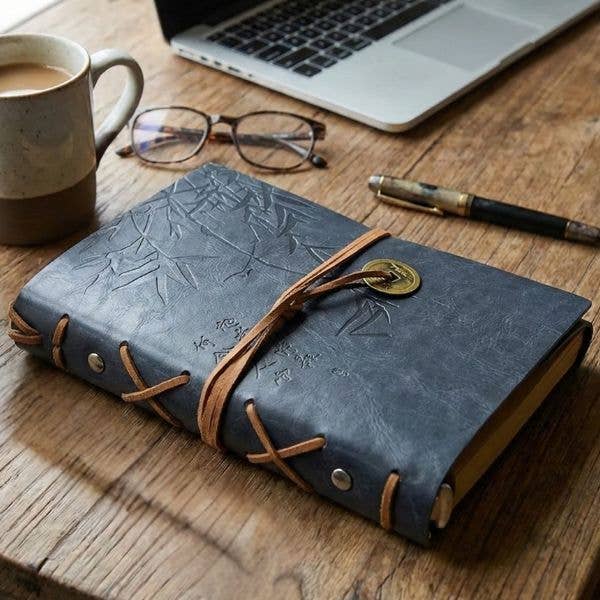 Asian Bamboo Leatherette Journal Notebook – Grey boho clothing, festival outfit, hippie style apparel | Elevated Hippie