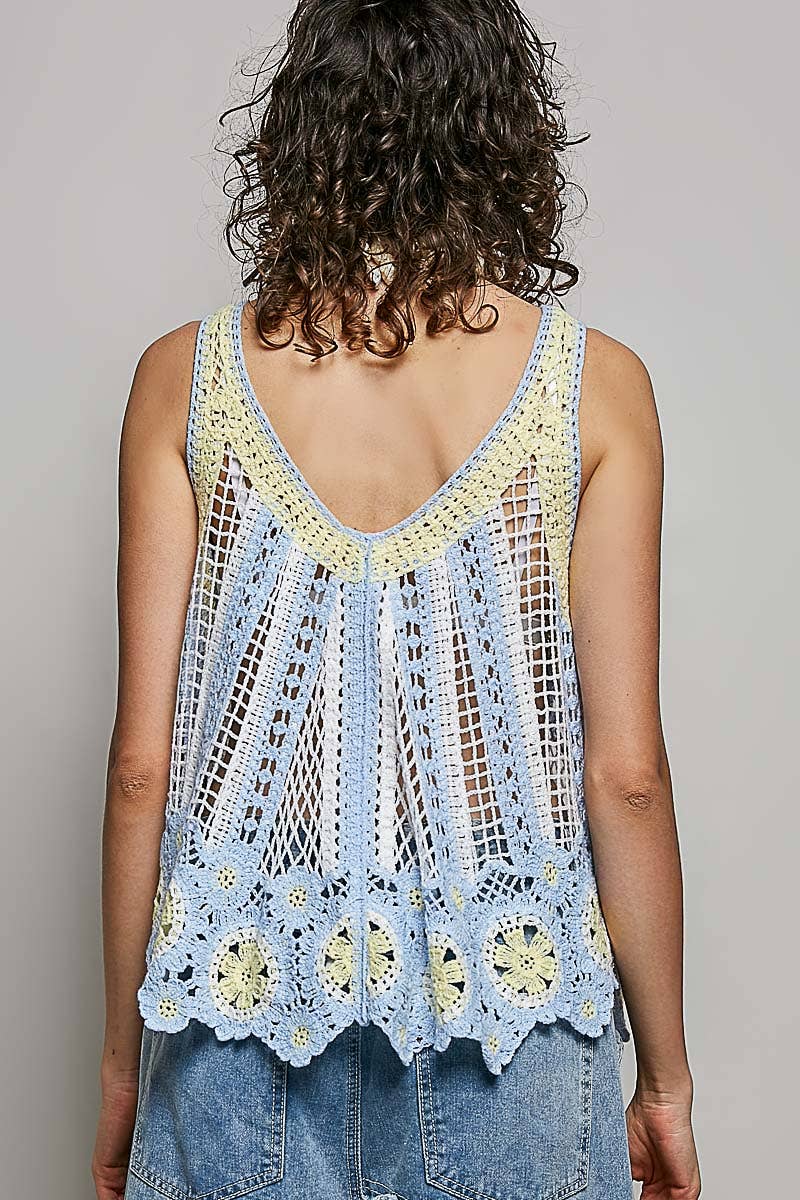 V-Neck Sleeveless Scalloped Edge Stripe Border Crochet Top boho clothing, festival outfit, hippie style apparel | Elevated Hippie
