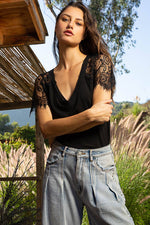 Boho Lace V-Neck Tee – Relaxed Fit Half Sleeve Top – Feminine Lace Detail – Easy Everyday Style – Multiple Sizes - The Elevated Hippie