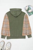 Plaid Sleeve Drawstring Hooded Sweatshirt - Moss Green