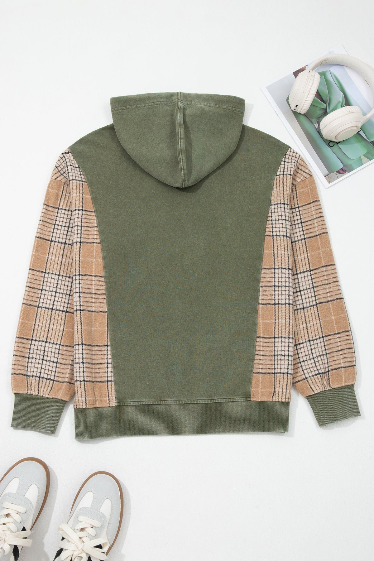 Plaid Sleeve Drawstring Hooded Sweatshirt - Moss Green