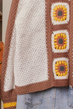 Color Block Sunflower Crochet V Neck Cardigan