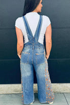 Peacock Blue Floral Patchwork Bib Denim Wide Leg Overalls boho clothing, festival outfit, hippie style apparel | Elevated Hippie
