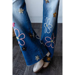 MULTICOLOR FLOWER EMBROIDERED WASHED DENIM JEANS - The Elevated Hippie