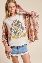 Zutter Wildflowers Vintage Graphic Rustic Sheer Sleeve Kaftan Top boho clothing, festival outfit, hippie style apparel | Elevated Hippie