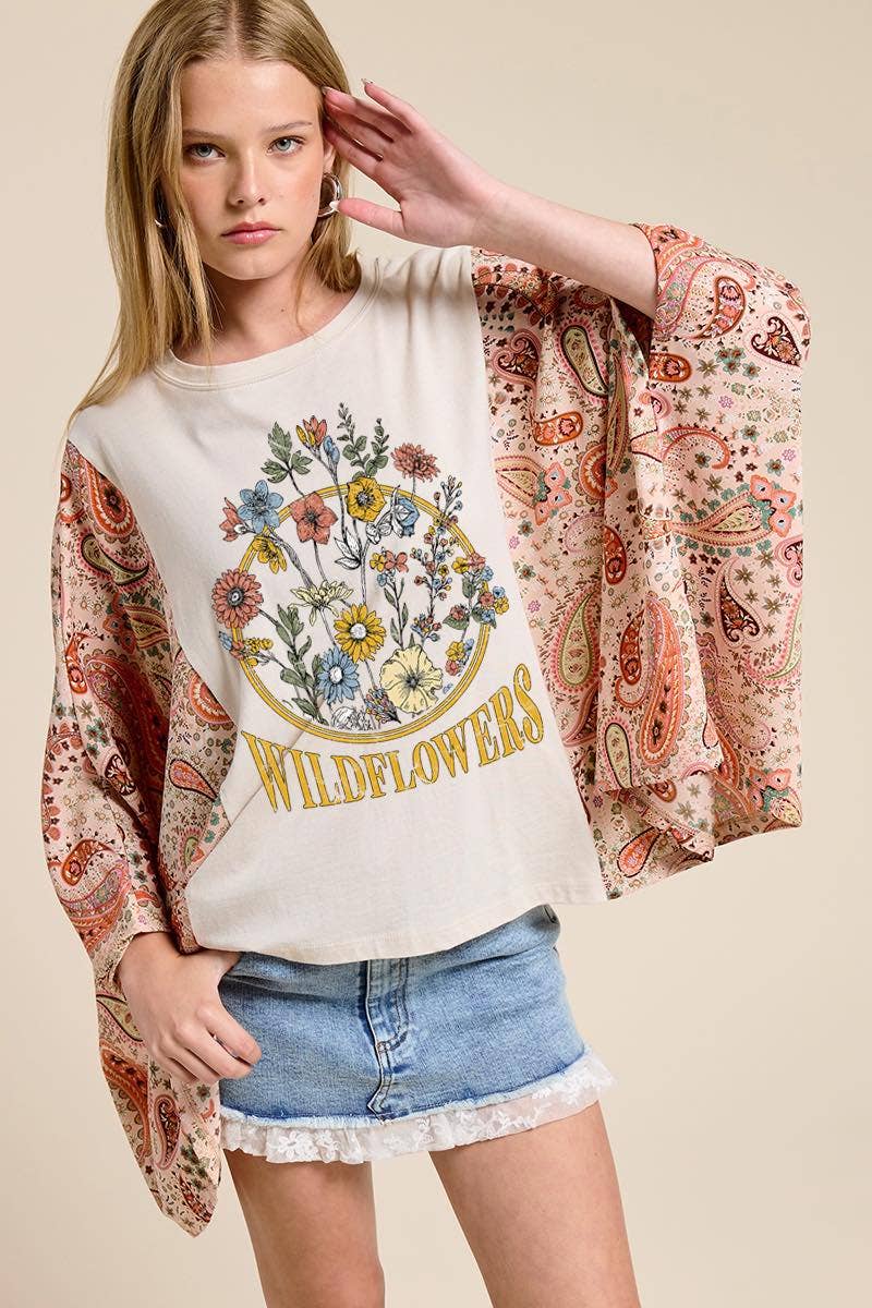 Zutter Wildflowers Vintage Graphic Rustic Sheer Sleeve Kaftan Top boho clothing, festival outfit, hippie style apparel | Elevated Hippie