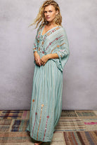 V-Neck Tassel Glint Embroidery Cotton Flowy Fit Maxi Dress boho clothing, festival outfit, hippie style apparel | Elevated Hippie
