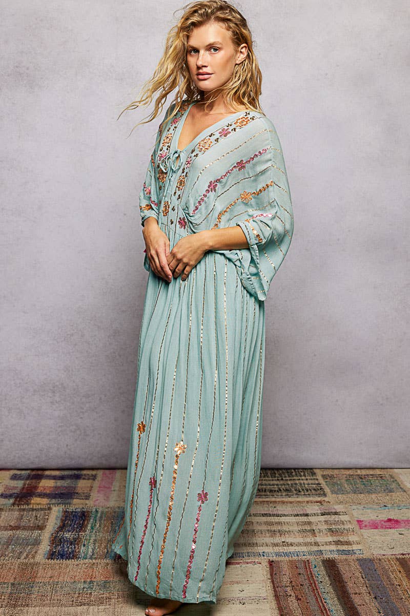 V-Neck Tassel Glint Embroidery Cotton Flowy Fit Maxi Dress boho clothing, festival outfit, hippie style apparel | Elevated Hippie