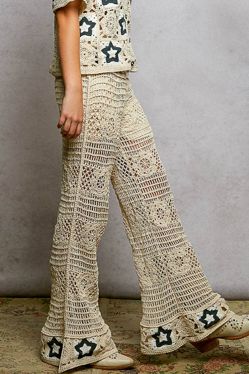 Star Motifs Flared Hem Straight Fit Crochet Pants boho clothing, festival outfit, hippie style apparel | Elevated Hippie