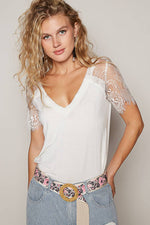 Boho Lace V-Neck Tee – Relaxed Fit Half Sleeve Top – Feminine Lace Detail – Easy Everyday Style – Multiple Sizes - The Elevated Hippie
