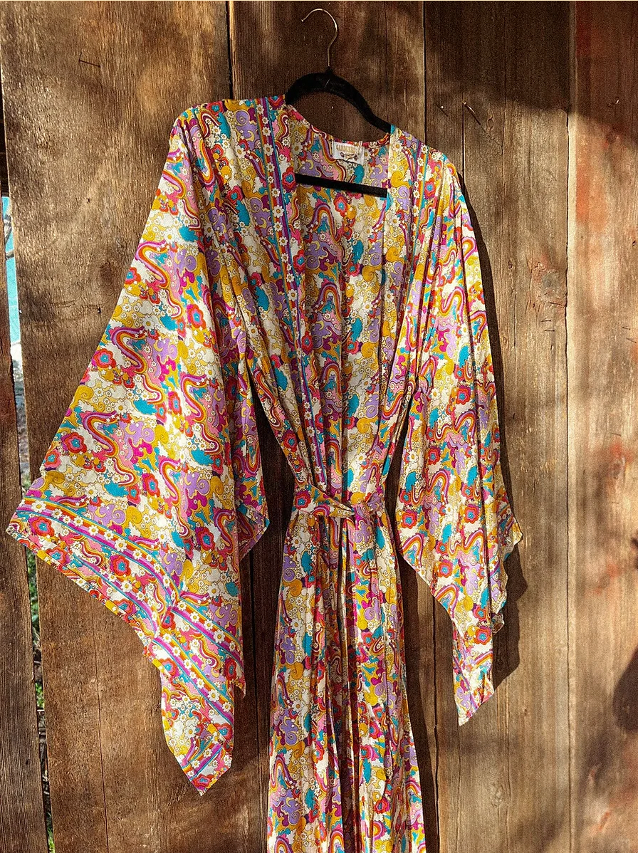 Rainbow Hippie Boho Psychedelic Kimono, Duster Robe boho clothing, festival outfit, hippie style apparel | Elevated Hippie