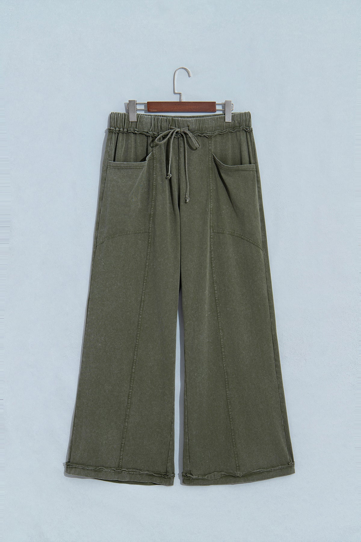 Jungle Green Mineral Wash Flare Leg Drawstring Pants