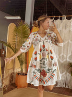 Boho Embroidered Floral Cotton Dress, Fall Lined Short Dress - The Elevated Hippie
