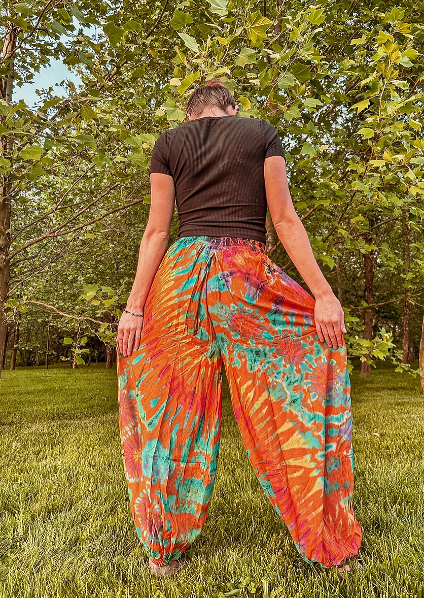 Flowy Hippie Tie Dye Pants Earthy + Colorful Baggy Yoga Pant boho clothing, festival outfit, hippie style apparel | Elevated Hippie
