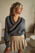 V Neck Cropped Sweater with Stripe Hem - The Elevated Hippie