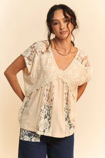 EMBROIDERY DAISY FLOWY DOLMAN KNIT TOP WITH LACE - The Elevated Hippie