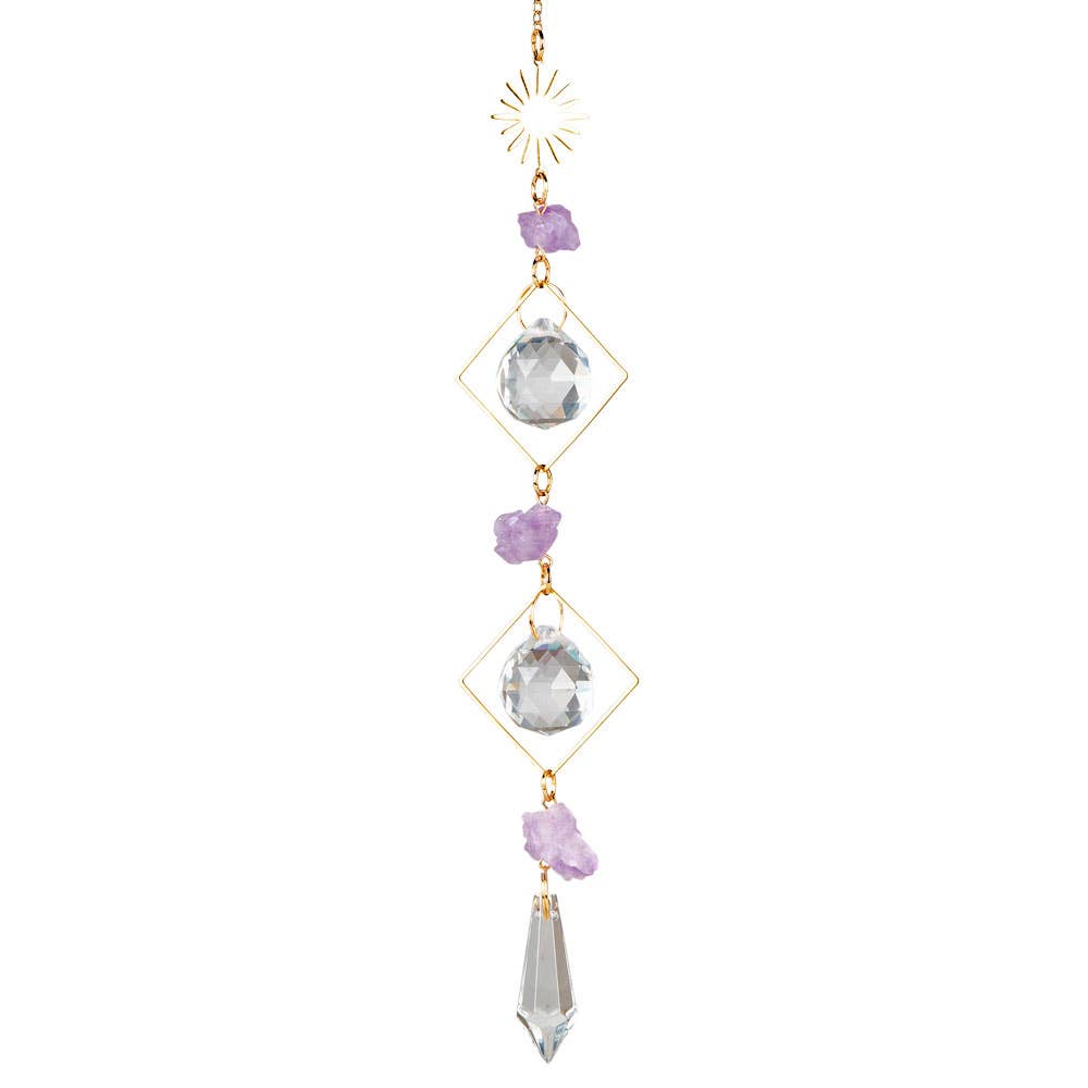 SUN WITH AMETHYST DOUBLE TRIANGLE CRYSTAL SUNCATCHER boho clothing, festival outfit, hippie style apparel | Elevated Hippie
