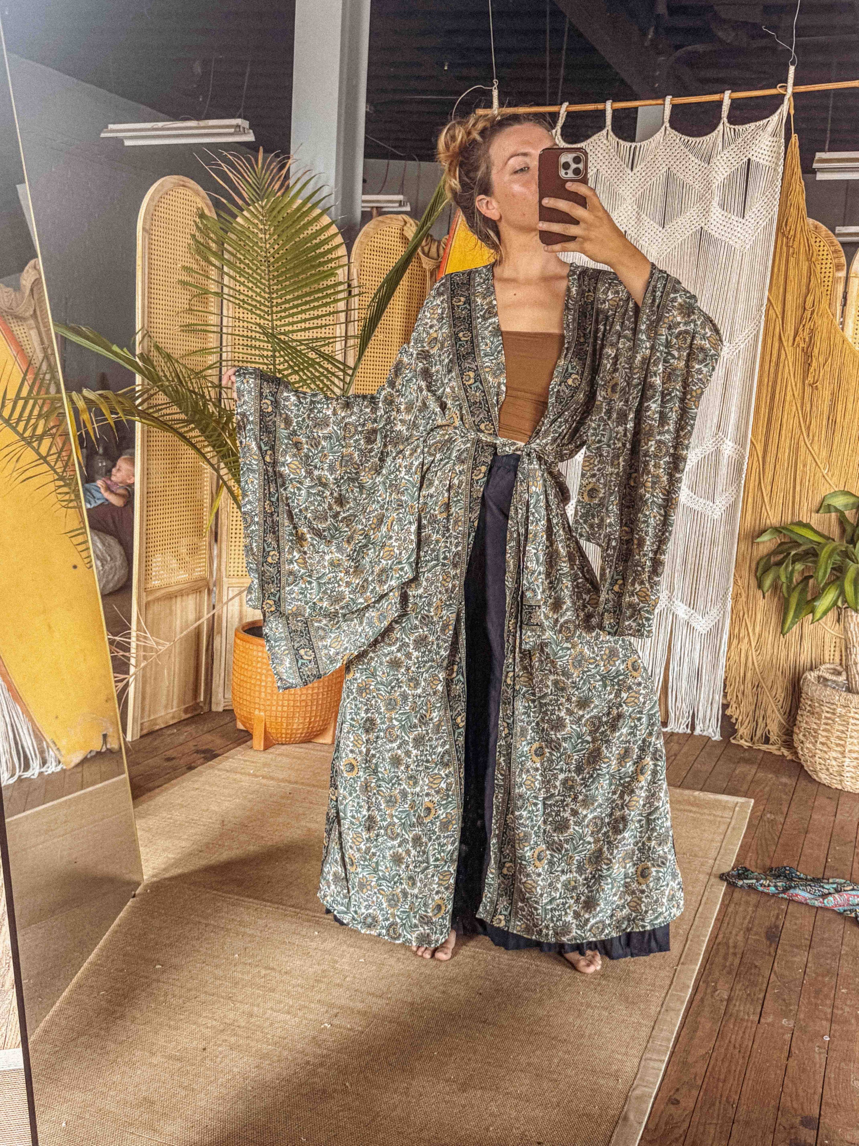 Gardenbelle Shop - BOHO Silk Bell Sleeve Long Maxi Kimono Duster Cardigan boho clothing, festival outfit, hippie style apparel | Elevated Hippie