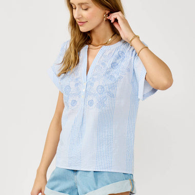 Striped Henley Embroidered Top - The Elevated Hippie