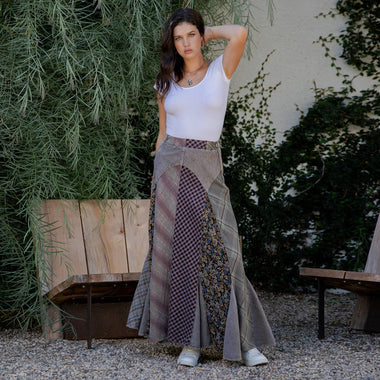 Boho Bias-Cut Skirt in Plaid Print & Stripe, Mixed Media  - The Elevated Hippie
