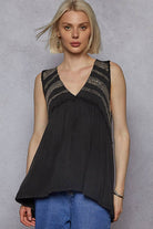 Sleeveless V-Neck Babydoll Lace Trim Knit Top boho clothing, festival outfit, hippie style apparel | Elevated Hippie
