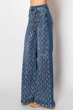 D25-4-A - Embellished wide leg medium blue denim jeans - The Elevated Hippie